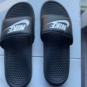 Nike slides, size 10, black with white Nike logo